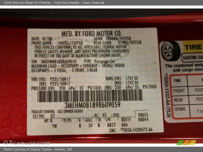 Vivid Red Metallic / Dark Charcoal 2009 Mercury Milan V6 Premier