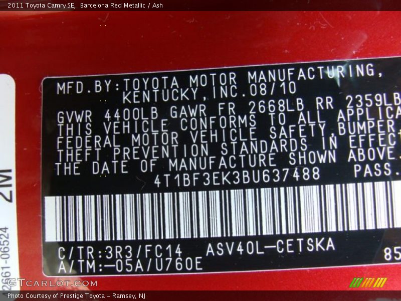 Barcelona Red Metallic / Ash 2011 Toyota Camry SE