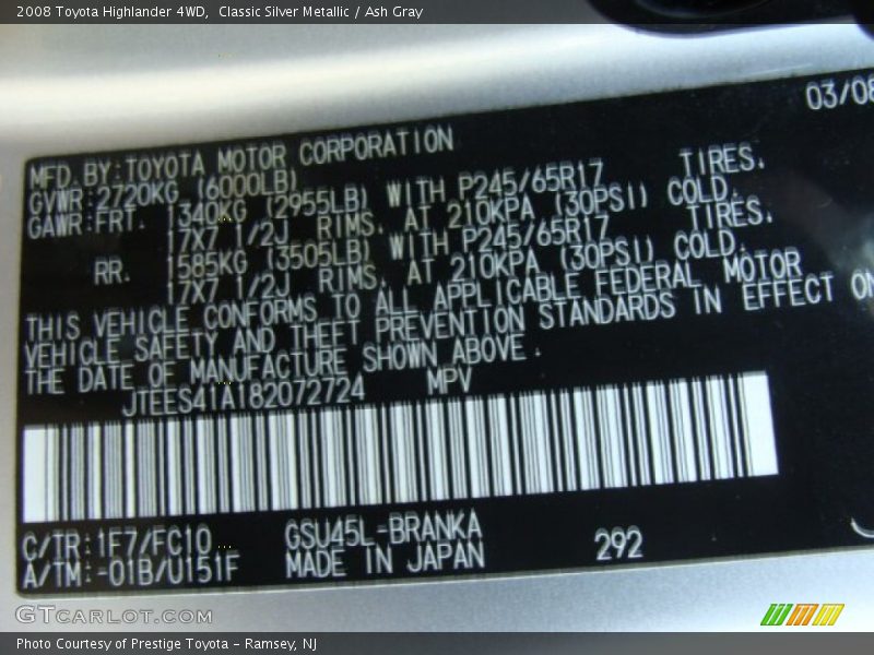Classic Silver Metallic / Ash Gray 2008 Toyota Highlander 4WD