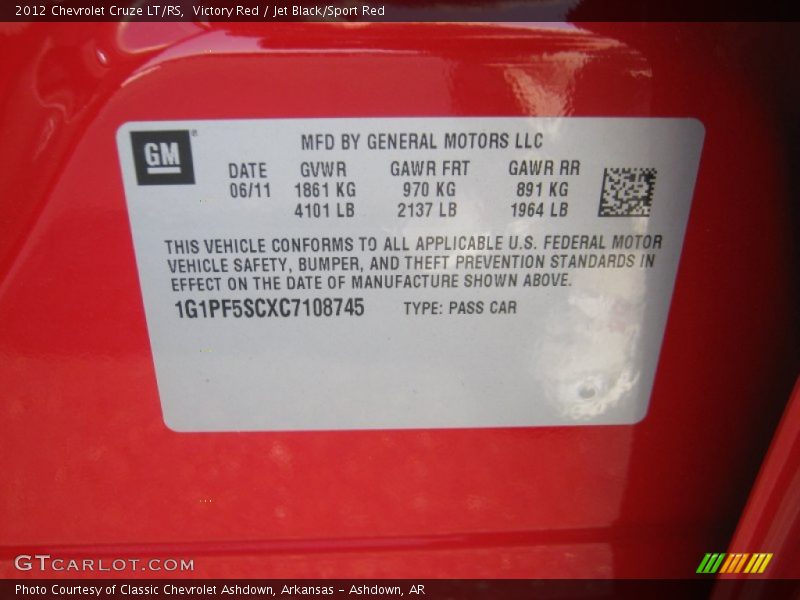 Info Tag of 2012 Cruze LT/RS