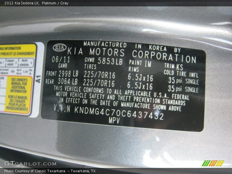 Platinum / Gray 2012 Kia Sedona LX