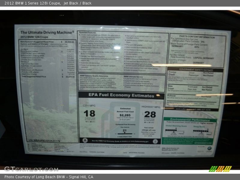  2012 1 Series 128i Coupe Window Sticker