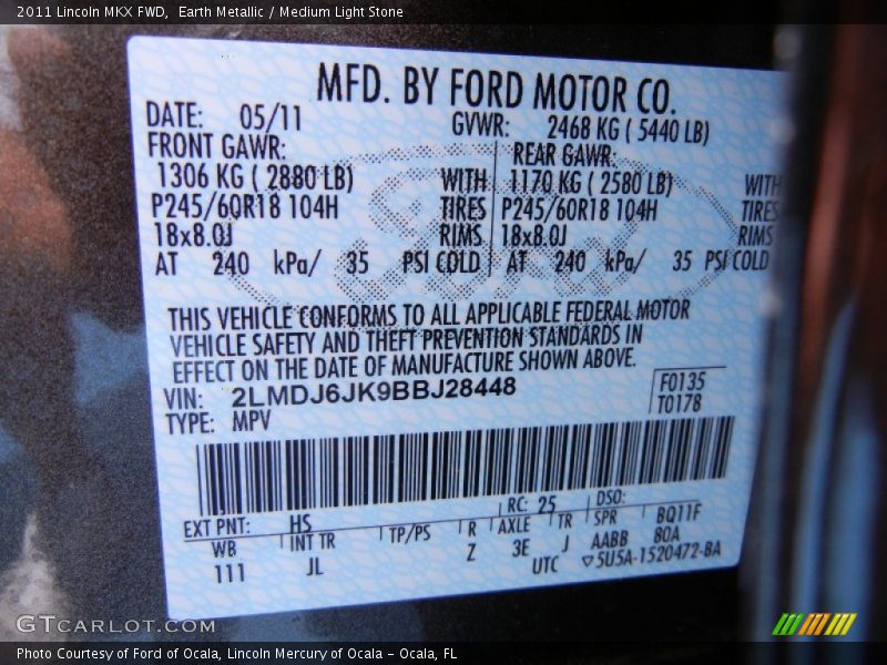 Earth Metallic / Medium Light Stone 2011 Lincoln MKX FWD