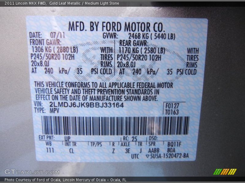 Gold Leaf Metallic / Medium Light Stone 2011 Lincoln MKX FWD
