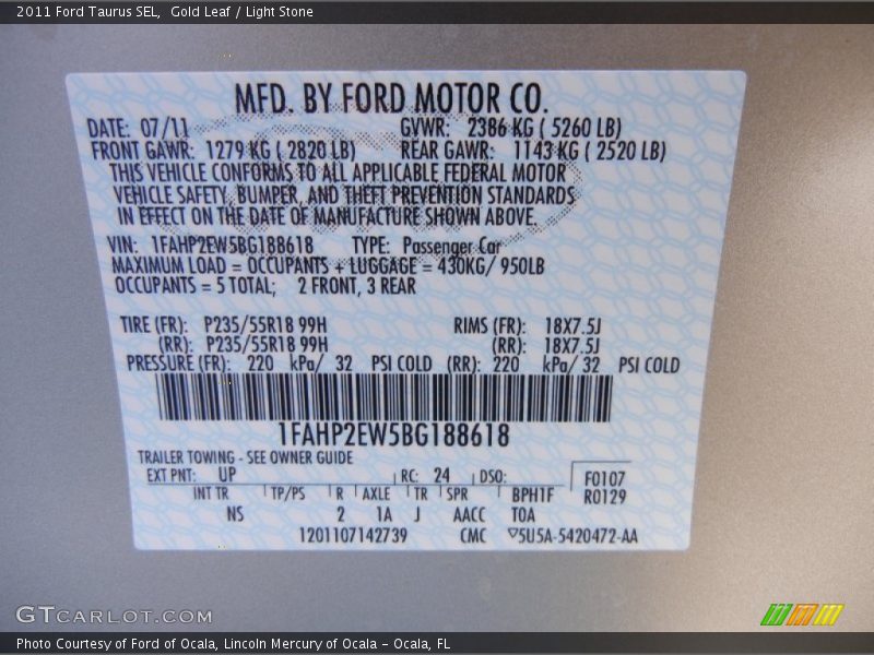 Gold Leaf / Light Stone 2011 Ford Taurus SEL