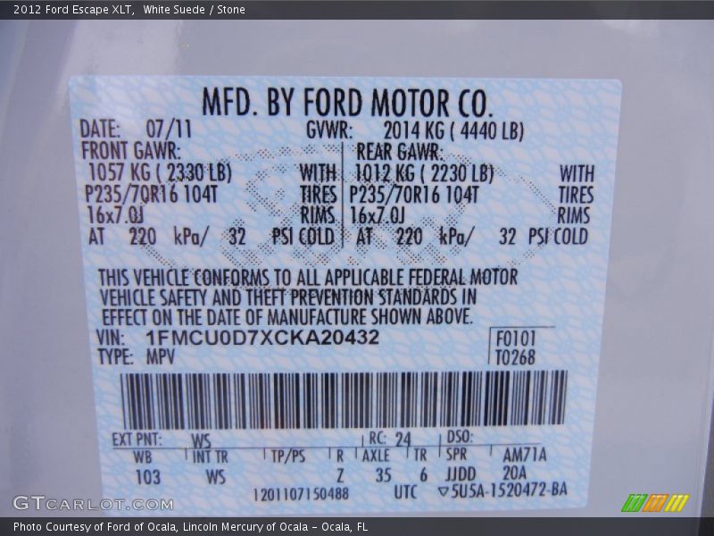 White Suede / Stone 2012 Ford Escape XLT