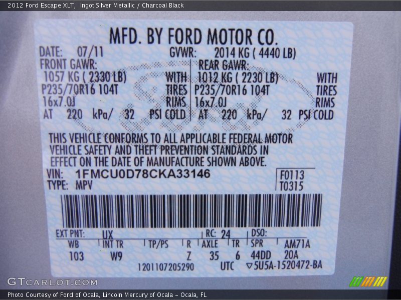 Ingot Silver Metallic / Charcoal Black 2012 Ford Escape XLT