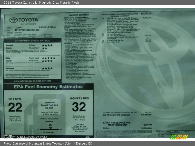 Magnetic Gray Metallic / Ash 2011 Toyota Camry LE