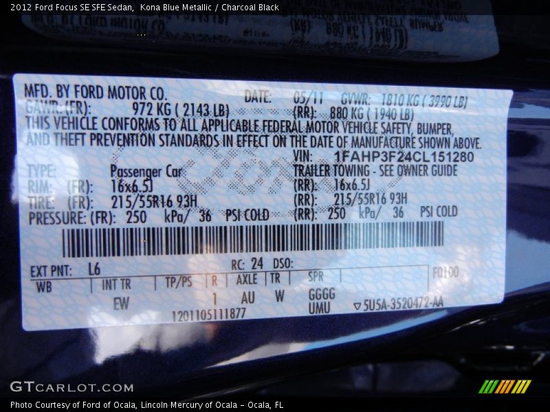 Kona Blue Metallic / Charcoal Black 2012 Ford Focus SE SFE Sedan