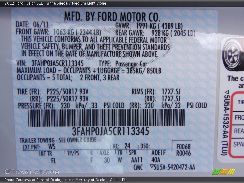 2012 Fusion SEL White Suede Color Code WS