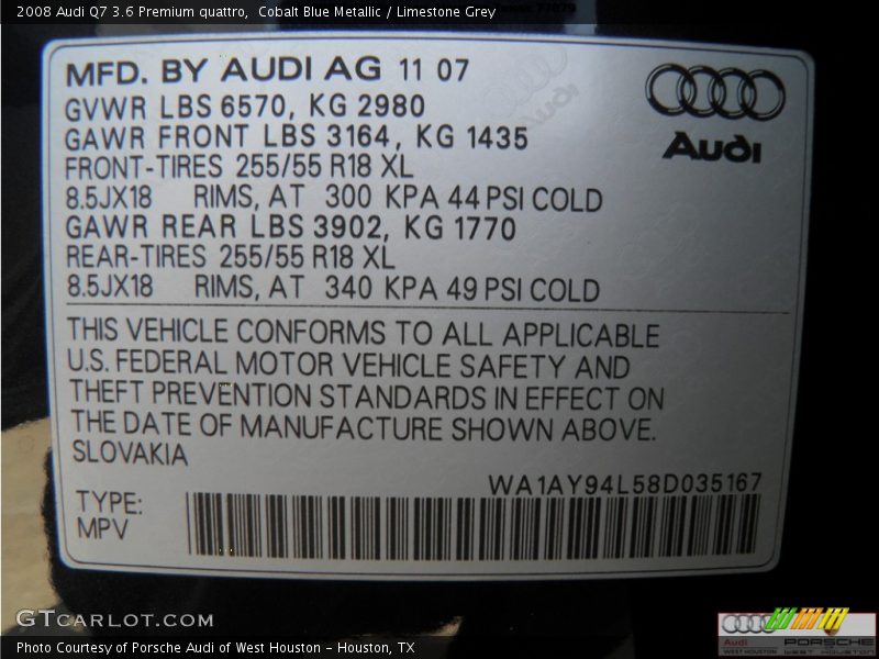 Cobalt Blue Metallic / Limestone Grey 2008 Audi Q7 3.6 Premium quattro