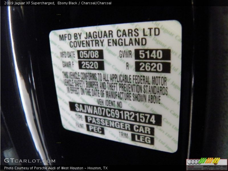 Ebony Black / Charcoal/Charcoal 2009 Jaguar XF Supercharged