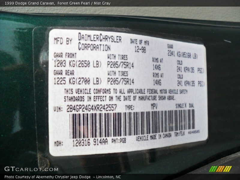1999 Grand Caravan  Forest Green Pearl Color Code PG8