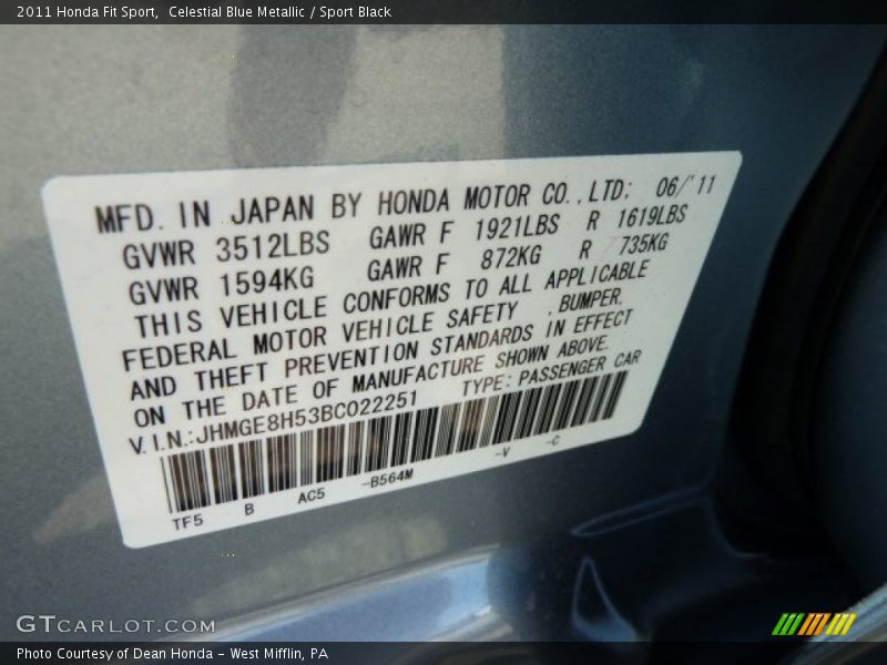 Celestial Blue Metallic / Sport Black 2011 Honda Fit Sport