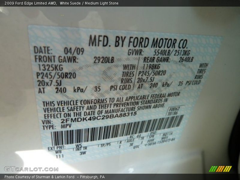 White Suede / Medium Light Stone 2009 Ford Edge Limited AWD