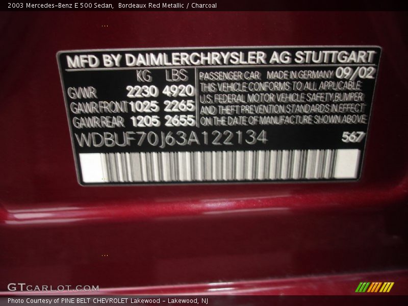 2003 E 500 Sedan Bordeaux Red Metallic Color Code 567