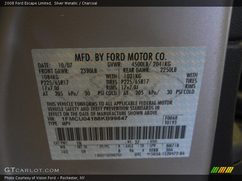 Silver Metallic / Charcoal 2008 Ford Escape Limited