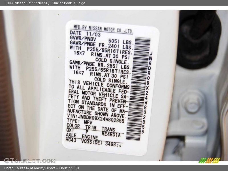 Glacier Pearl / Beige 2004 Nissan Pathfinder SE