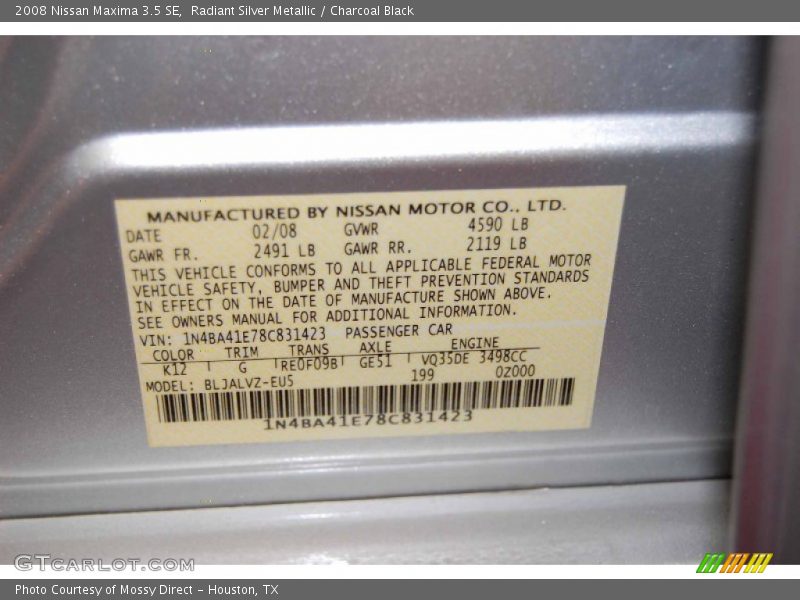 Radiant Silver Metallic / Charcoal Black 2008 Nissan Maxima 3.5 SE