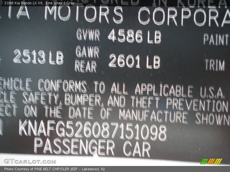 Fine Silver / Gray 2008 Kia Rondo LX V6