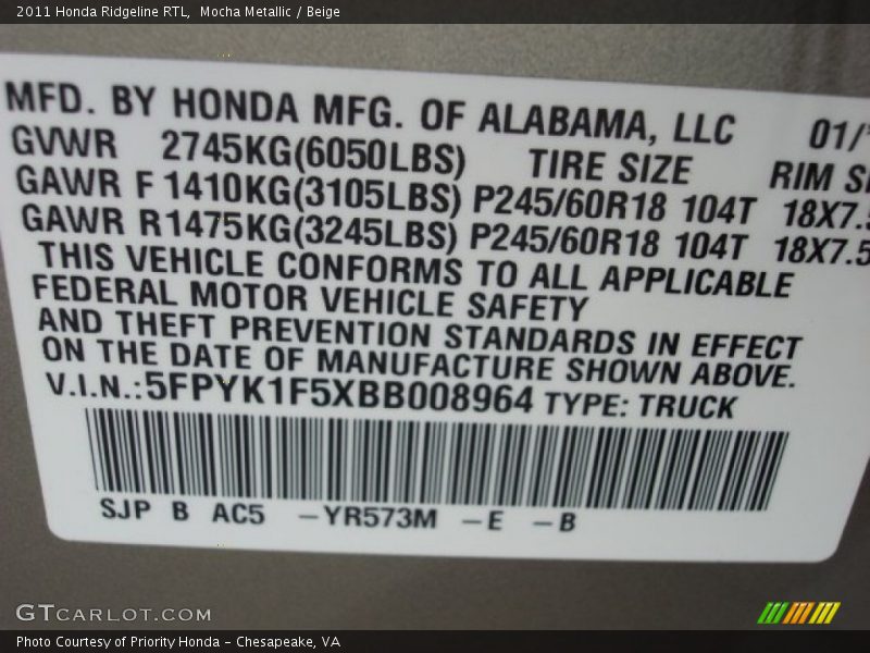 2011 Ridgeline RTL Mocha Metallic Color Code YR573M