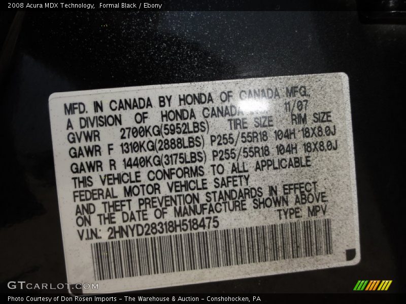 Formal Black / Ebony 2008 Acura MDX Technology