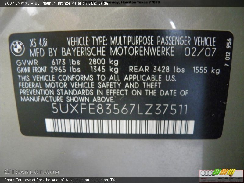 Platinum Bronze Metallic / Sand Beige 2007 BMW X5 4.8i