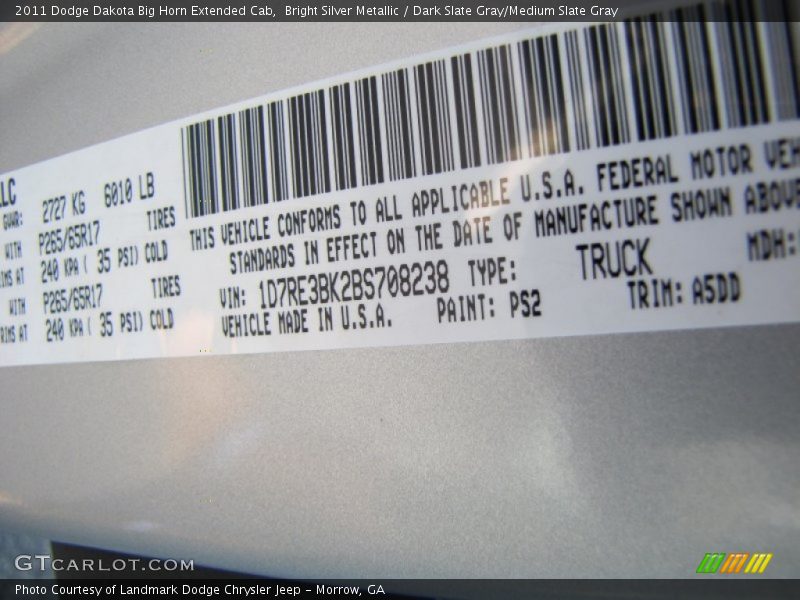 Bright Silver Metallic / Dark Slate Gray/Medium Slate Gray 2011 Dodge Dakota Big Horn Extended Cab