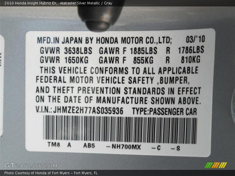 Alabaster Silver Metallic / Gray 2010 Honda Insight Hybrid EX