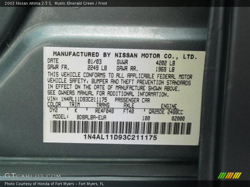 Mystic Emerald Green / Frost 2003 Nissan Altima 2.5 S