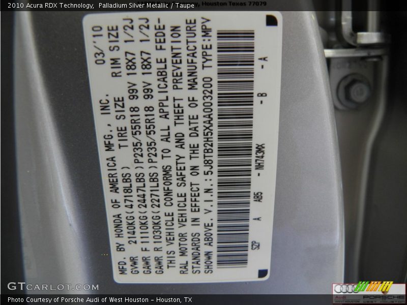 Palladium Silver Metallic / Taupe 2010 Acura RDX Technology