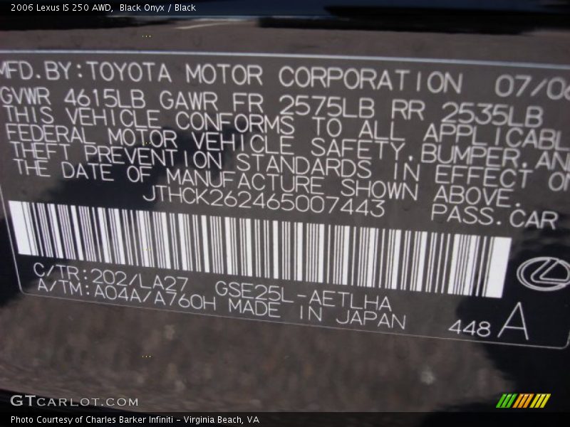Black Onyx / Black 2006 Lexus IS 250 AWD