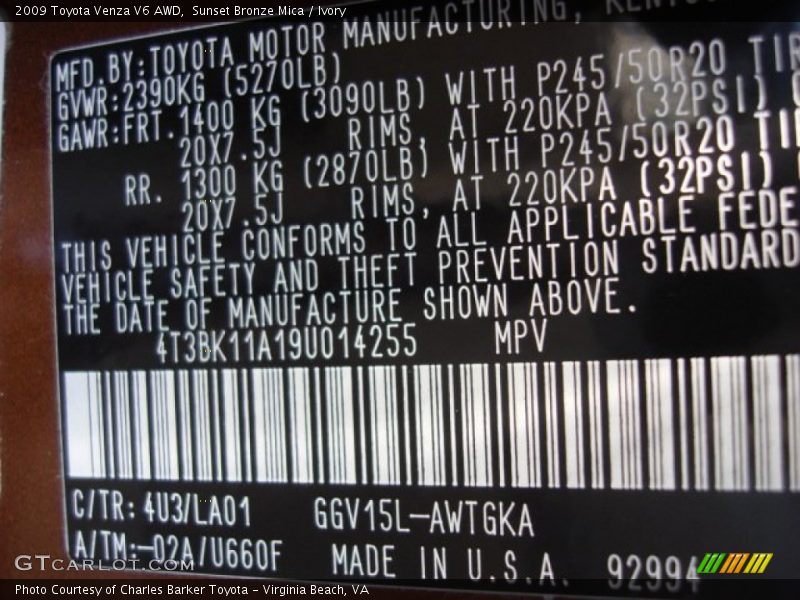 Sunset Bronze Mica / Ivory 2009 Toyota Venza V6 AWD