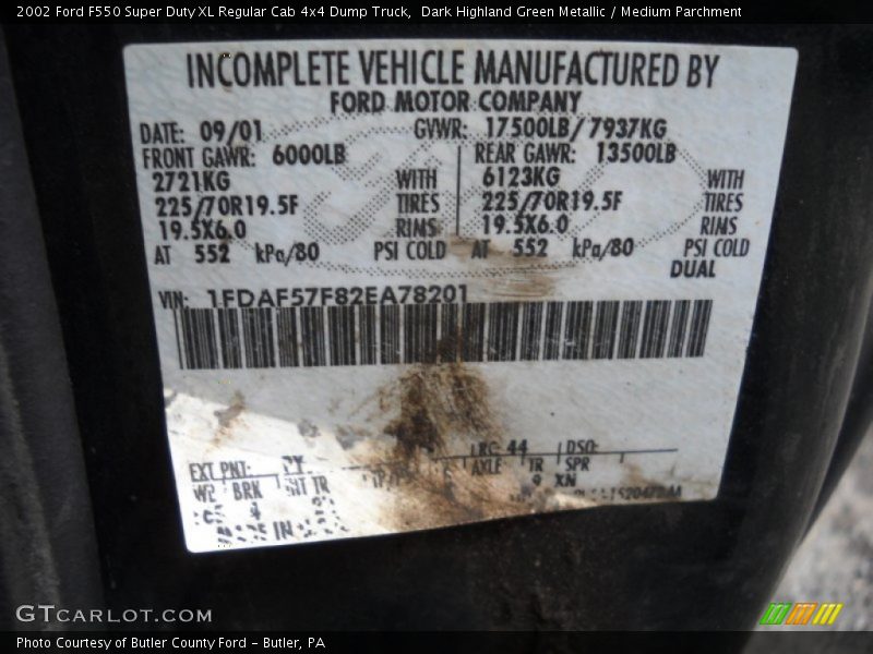 2002 F550 Super Duty XL Regular Cab 4x4 Dump Truck Dark Highland Green Metallic Color Code PY