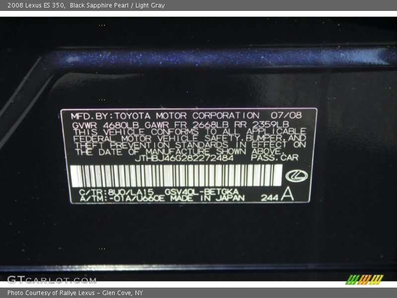 Black Sapphire Pearl / Light Gray 2008 Lexus ES 350