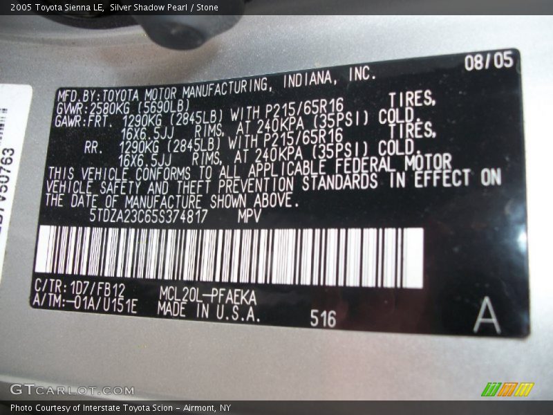 Silver Shadow Pearl / Stone 2005 Toyota Sienna LE
