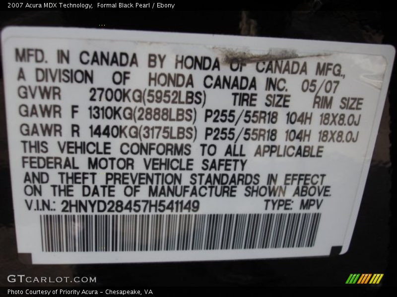 Formal Black Pearl / Ebony 2007 Acura MDX Technology