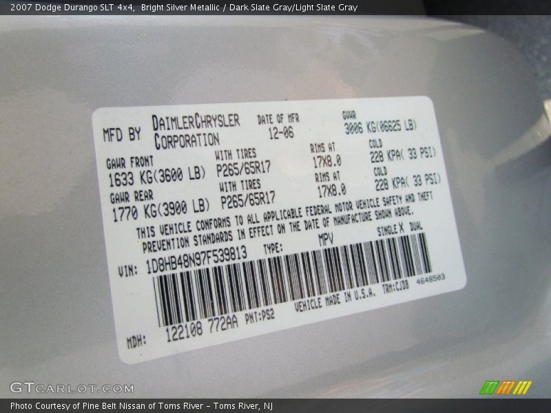 Bright Silver Metallic / Dark Slate Gray/Light Slate Gray 2007 Dodge Durango SLT 4x4