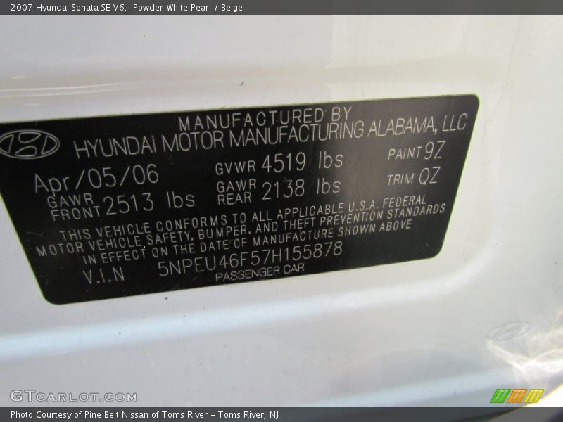 Powder White Pearl / Beige 2007 Hyundai Sonata SE V6