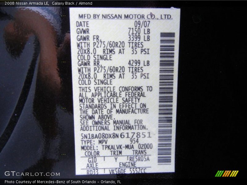 2008 Armada LE Galaxy Black Color Code G10