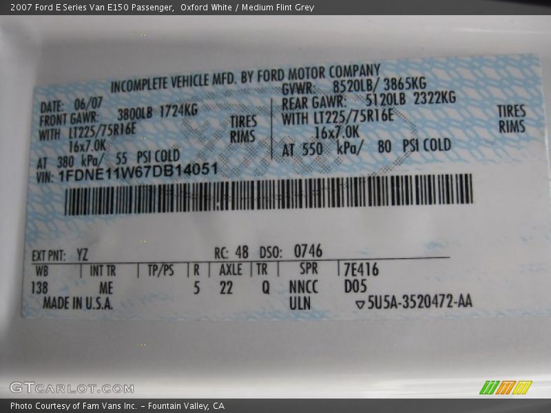 2007 E Series Van E150 Passenger Oxford White Color Code YZ