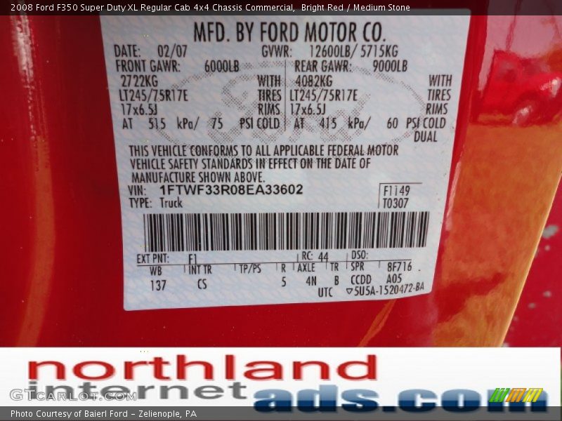 Bright Red / Medium Stone 2008 Ford F350 Super Duty XL Regular Cab 4x4 Chassis Commercial