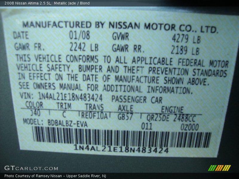 Metallic Jade / Blond 2008 Nissan Altima 2.5 SL