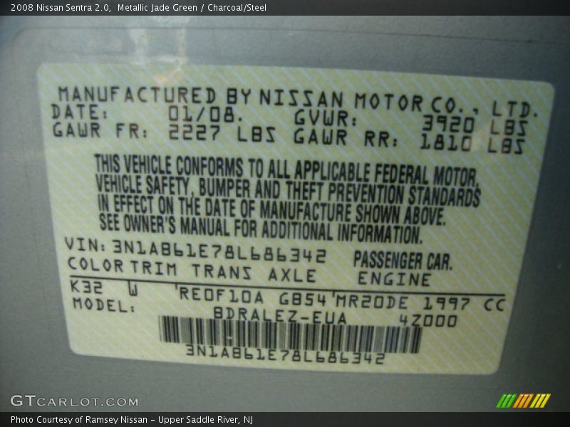 Metallic Jade Green / Charcoal/Steel 2008 Nissan Sentra 2.0