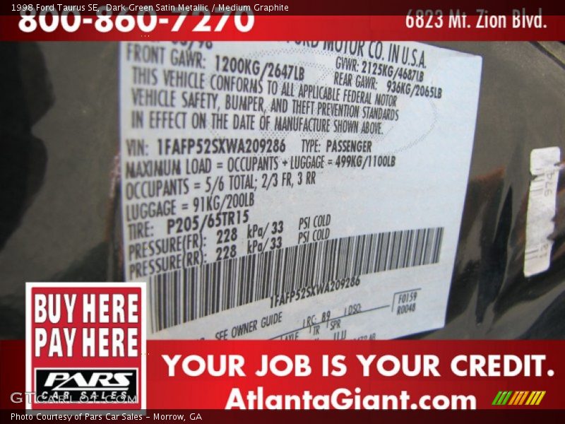 Dark Green Satin Metallic / Medium Graphite 1998 Ford Taurus SE