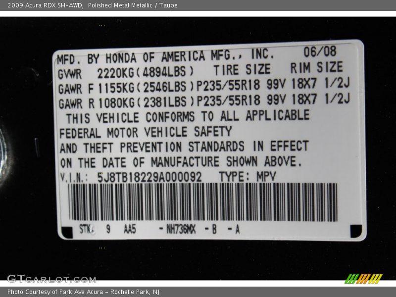 Polished Metal Metallic / Taupe 2009 Acura RDX SH-AWD