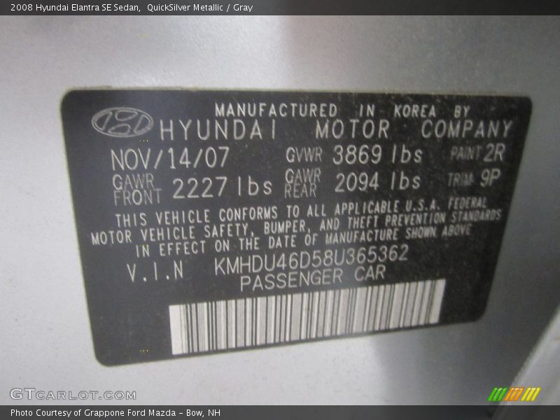 QuickSilver Metallic / Gray 2008 Hyundai Elantra SE Sedan