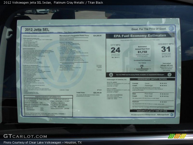  2012 Jetta SEL Sedan Window Sticker