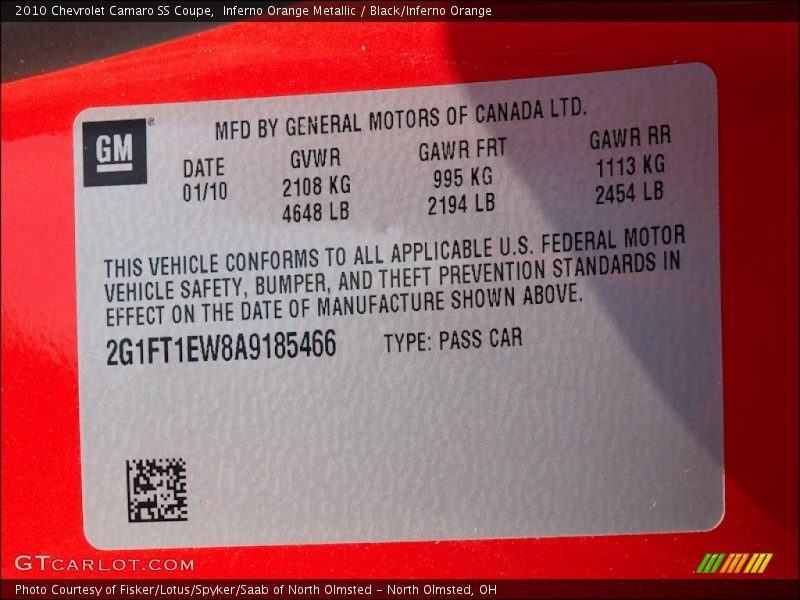Info Tag of 2010 Camaro SS Coupe