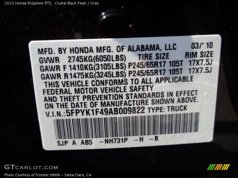 2010 Ridgeline RTS Crystal Black Pearl Color Code NH731P